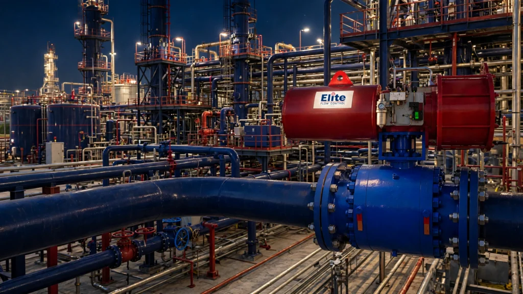 Elite Flow Control USA shutdown valve package at a plant at night